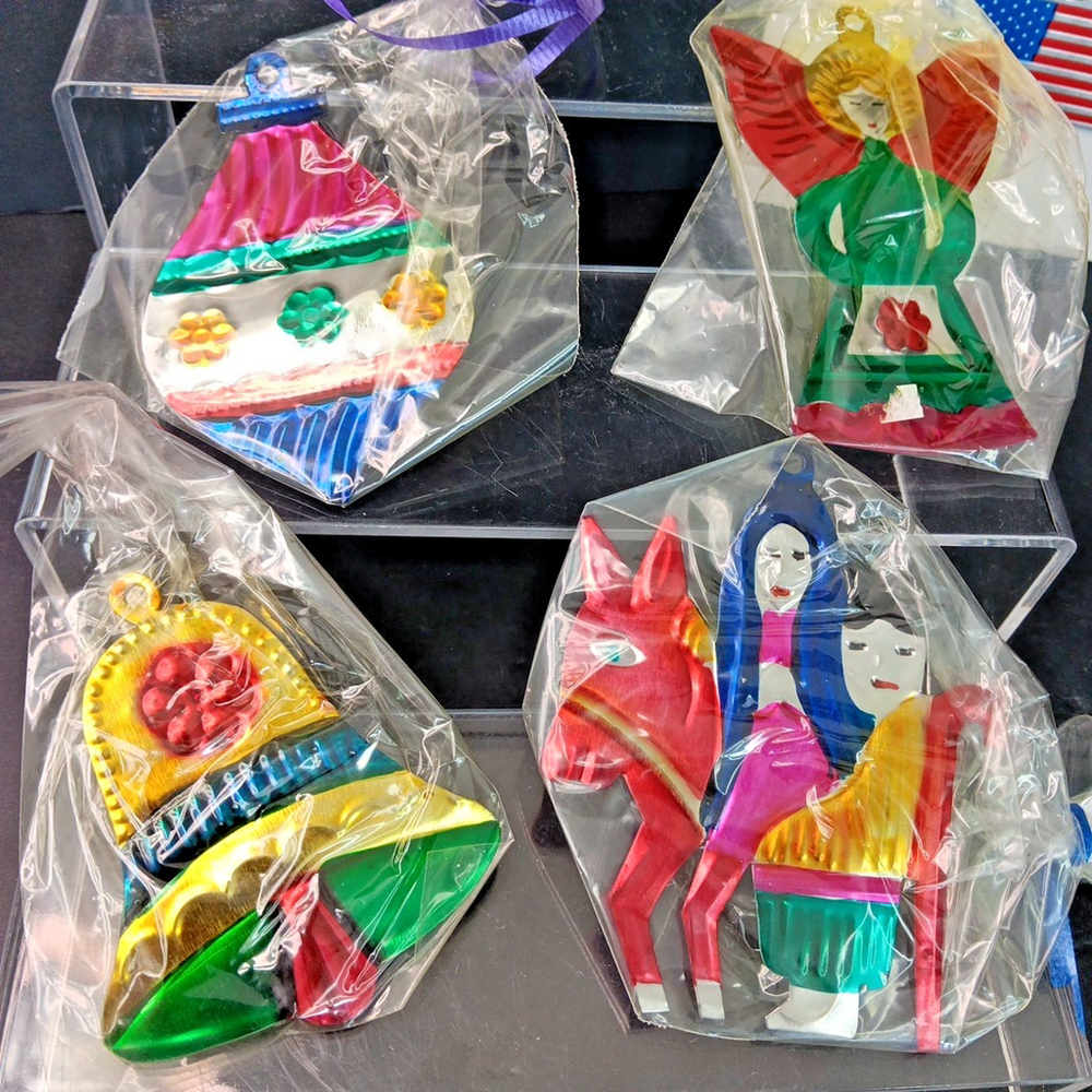 Mexican Tin Christmas Ornaments Hand Painted In Original Packages Made In Mexico